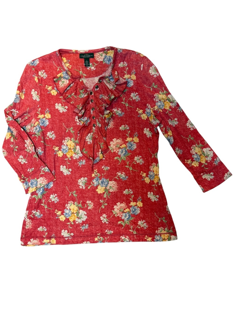 Lauren Ralph Lauren Red Floral Ruffle Henley Top